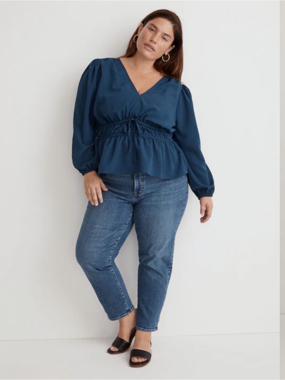 Madewell Navy Blue Seersucker V-Neck Drawstring Peplum Blouse